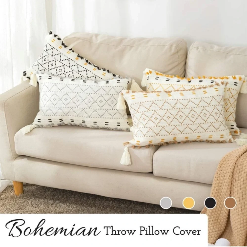 Luxury Home | Boho Chic Tufted Moroccan Woven Tasseled Lumbar Throw Pillow Cover